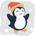 Cute funny penguin in a red hat on light background with falling snow vector flat cartoon illustration Royalty Free Stock Photo